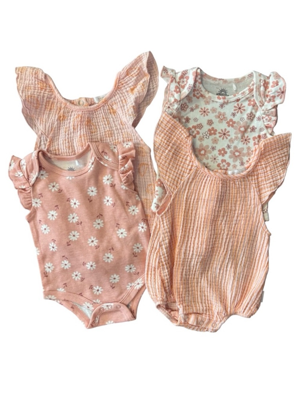 Tahari & Wonderluxe Pink Floral 4 pc Bodysuits Onsie Set Lot 0-3 mo Muslin NWOT